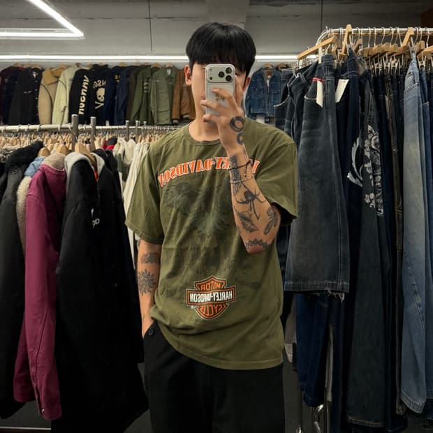 L) 할리데이비슨 빈티지 독수리 프린팅 올리브 반팔 티셔츠