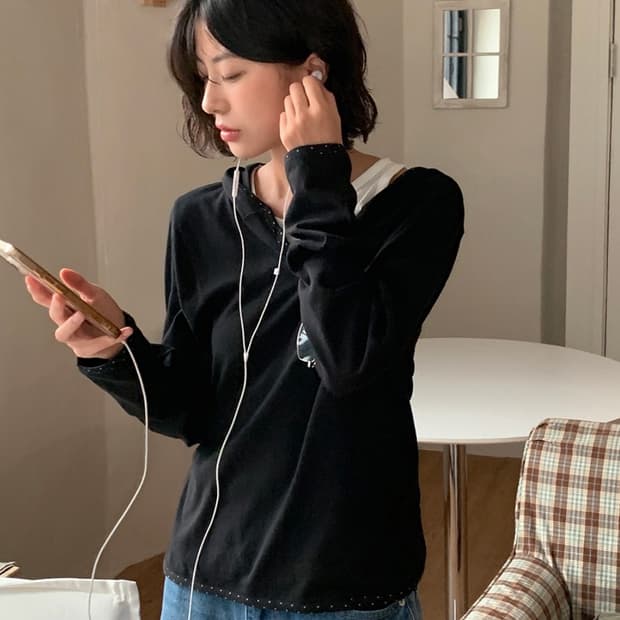 지그재그 데일리쥬 데니슨 도트 레이어드 빈티지 후드 티셔츠