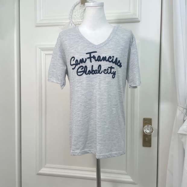 melange gray chain embroidery v-neck top