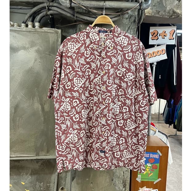 빈티지 하와이안 패턴 반팔 셔츠 레드브라운 XL #csz3714