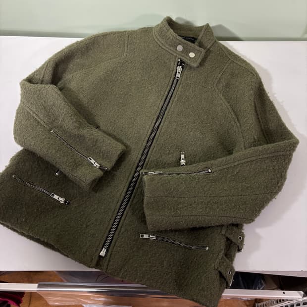 우먼M-L 자라 카키 울 부클 블루종자켓