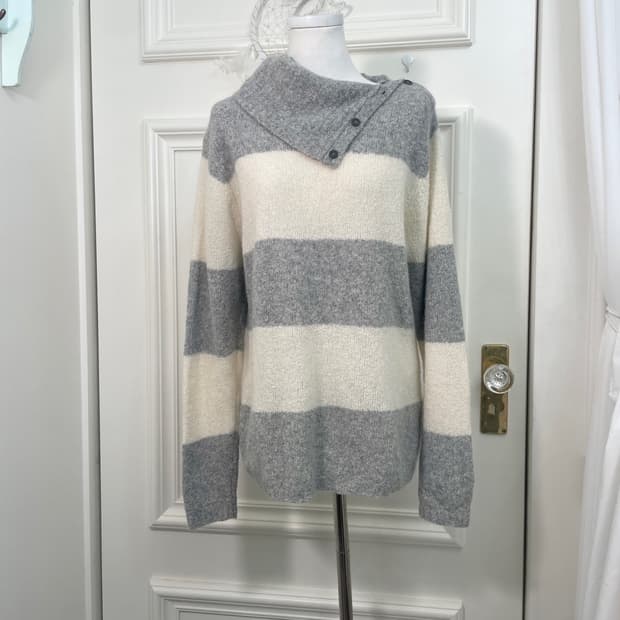 gray ivory big stripe side-neck sweater