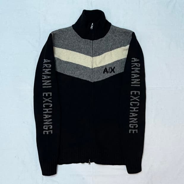 아르마니 익스체인지 투웨이 울 니트 집업 져지 블랙