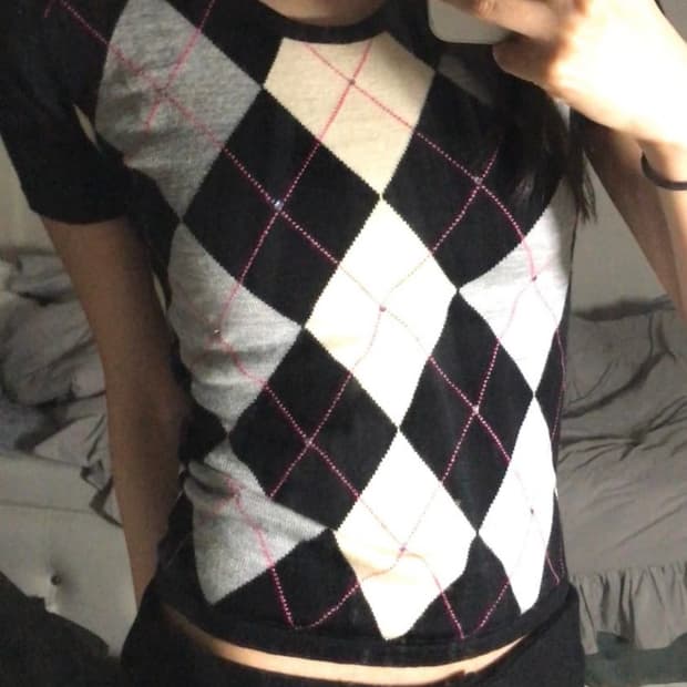 빈티지 아가일 큐빅 반팔 니트