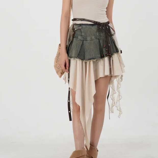 언발 레이어드 데님스커트