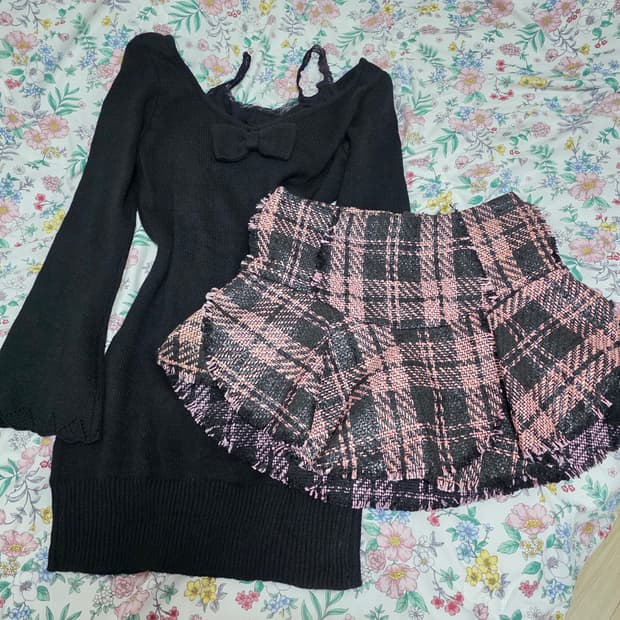 빈티지) 블랙x핑크 양지뢰계 캐캐체깔 로맨틱 트위드갸루 캉캉 체크 스커트