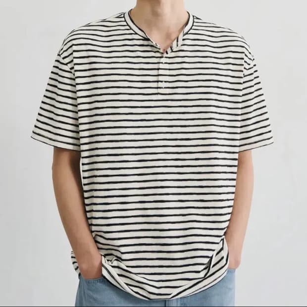 드로우핏 러프 스트라이프 헨리넥 티셔츠 아이보리 L