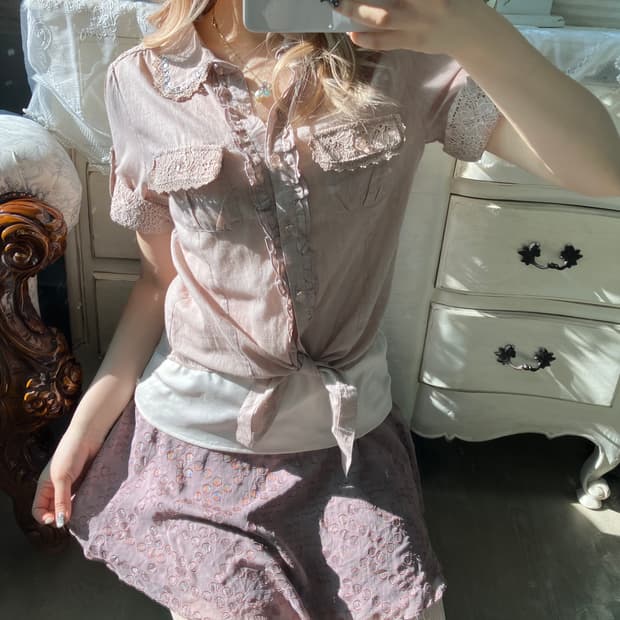 액시즈팜 히메 핑크 레이스 롤업셔츠