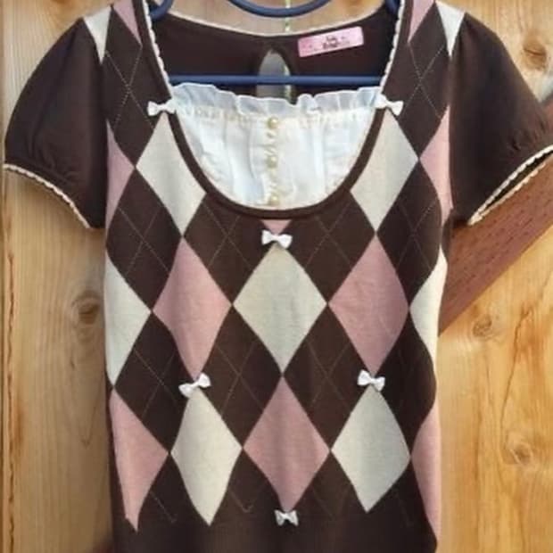 앙크루즈 리즈리사 아가일 브라운 핑크 리본 니트 로걀탑 라떼 갸루 히메