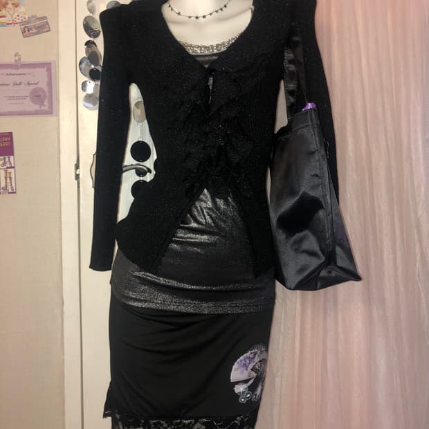 black knit frill romantic outer