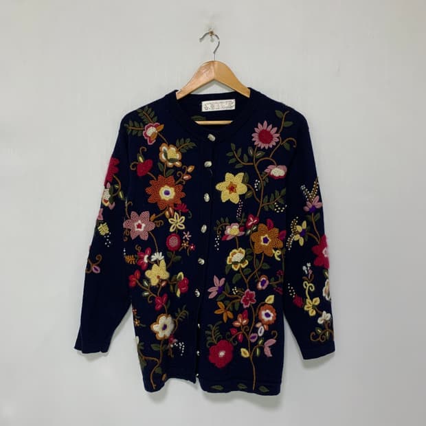 jpn 일본 빈티지 플라워 자수 버튼 가디건 네이비 모리걸 히피