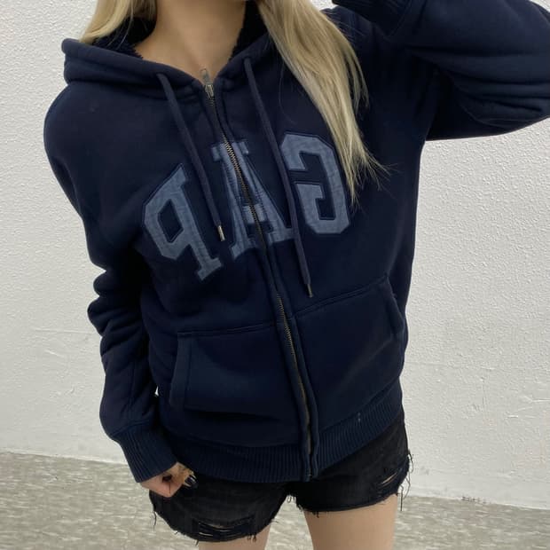 갭 센터로고 네이비 양털 후드집업 S