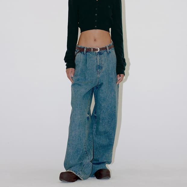 Diagonal relax wide denim pants