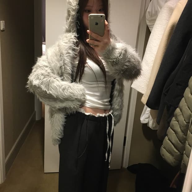 아워캐비넷 퍼 후드 가디건 아이보리