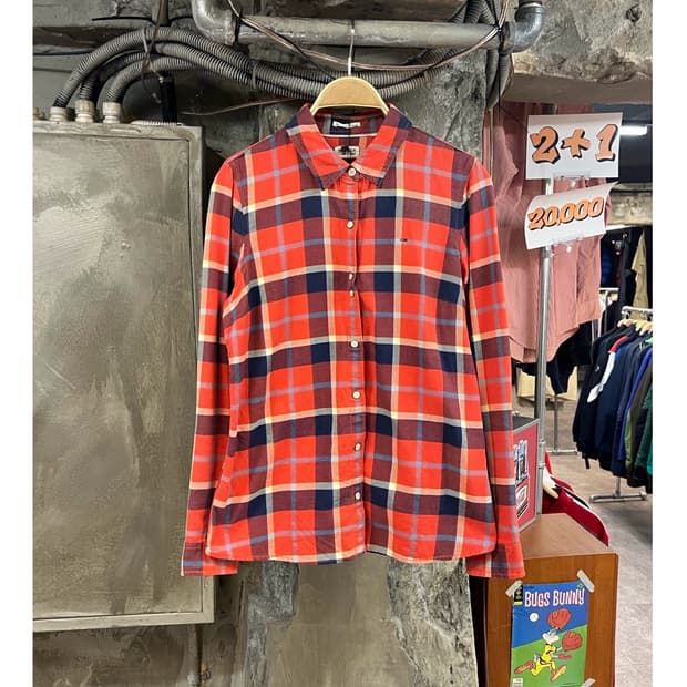 타미힐피거 버튼 체크 셔츠 레드 M #csz3279