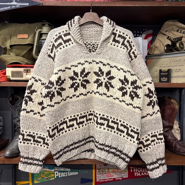 80s 네이티브 눈꽃 패턴 오리지널 헤비 코위찬 스웨터 N95