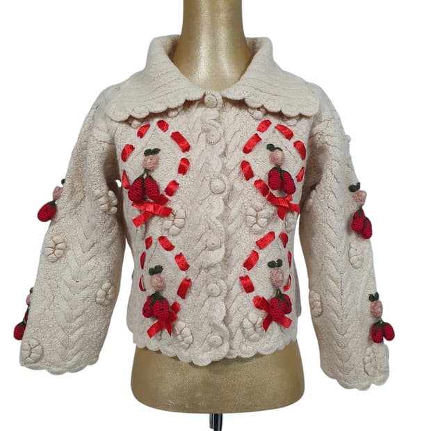 모리걸 페어리 지뢰계 히메갸루 딸기 리본 모티프 울 가디건