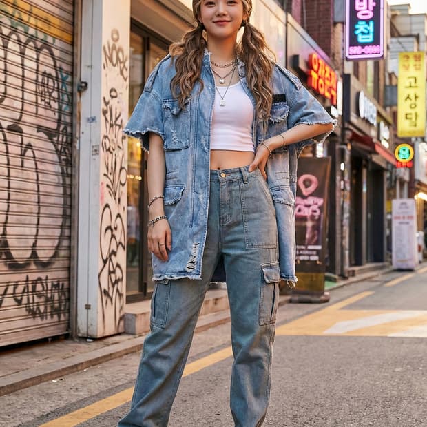 LAP 데님 반팔 야상 자켓 데미지 스타일_FREE