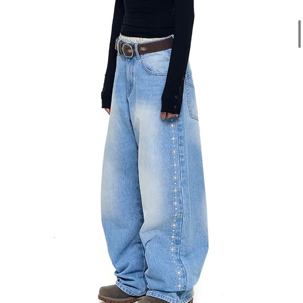 아캄 Side Rhinestone Denim Pants (Blue)