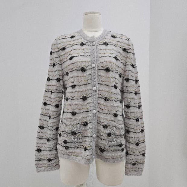 그레이 모헤어 자수 반짝이 스트라이프 가디건