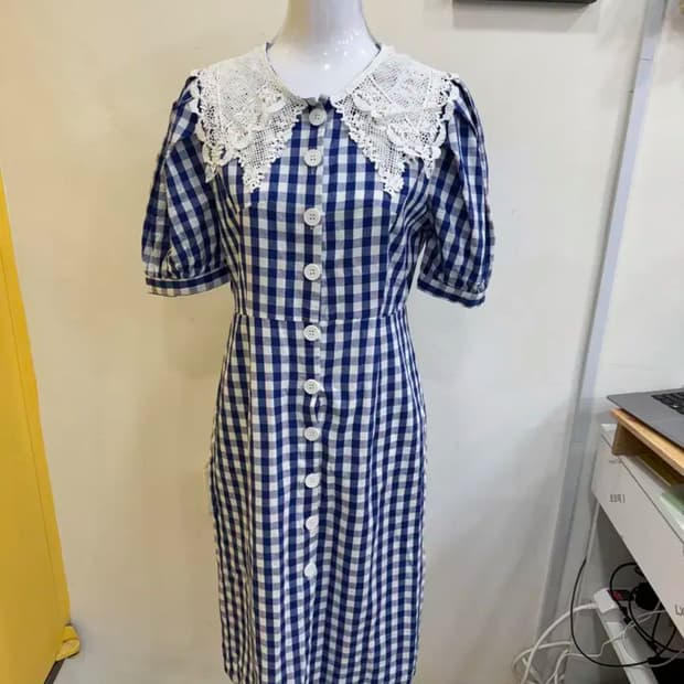 vtg 블루 깅엄 체크 레이스 카라 원피스