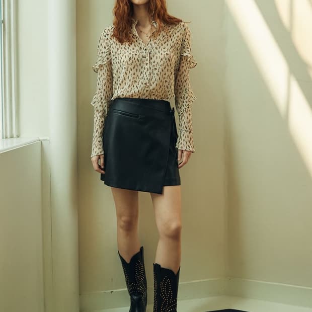 오앨 ouel 블랙 레더 가죽 랩 미니 스커트 S 새상품