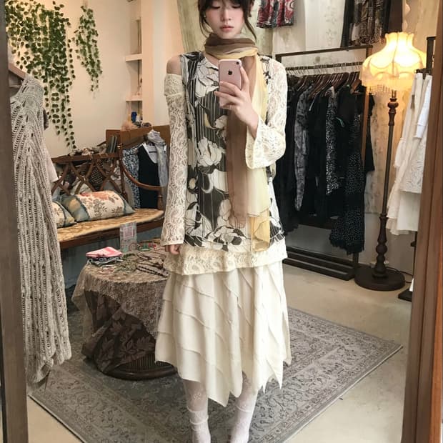 빈티지 브라운 아이보리 레이스 히피 페어리 코디 세트