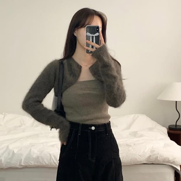 다이애그널 레이어드 튜브 탑 가디건 브라운