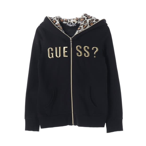 GUESS 레오파드 퍼 안감 자수 로고 후드 집업 XS