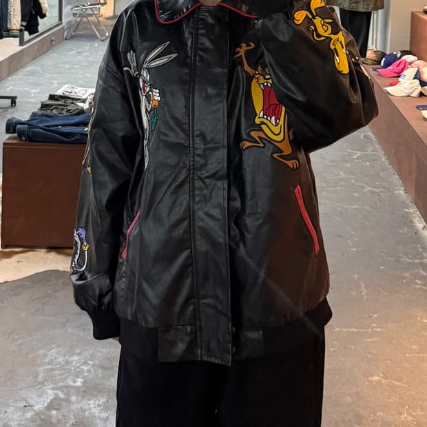 빈티지 루니툰즈 카툰 로고 레더 자켓 H2031