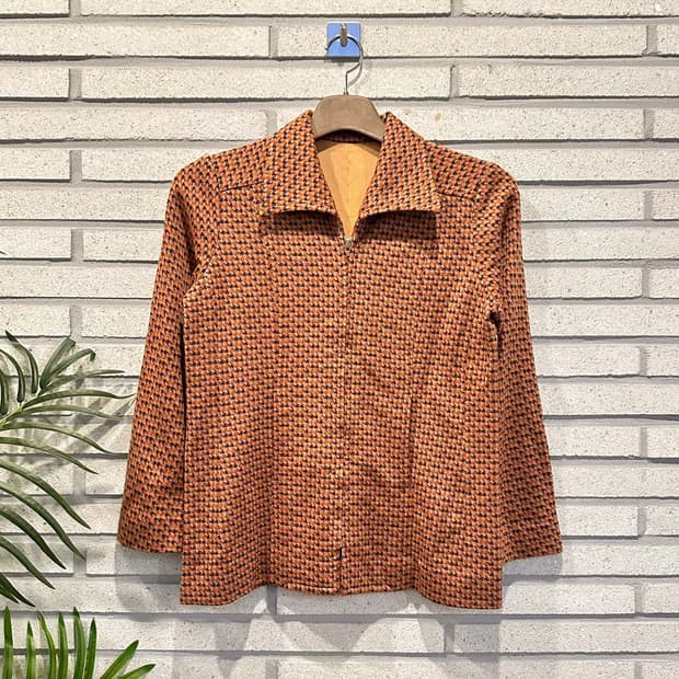 JPN VINTAGE 카라넥 집업 자켓 하운드투스 체크 패턴 디테일 주황