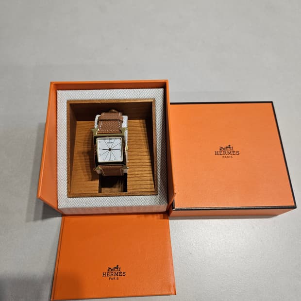 에르메스 H아워 금장 브라운 가죽 시계 풀박스