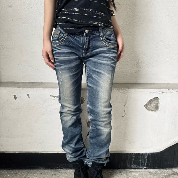 Whiskered slim straight denim jeans