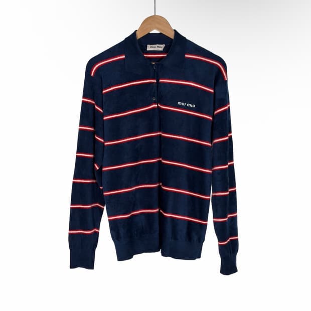 [36] 미우미우 스트라이프 비스코스 테리 폴로 카라 긴팔 셔츠 티셔츠