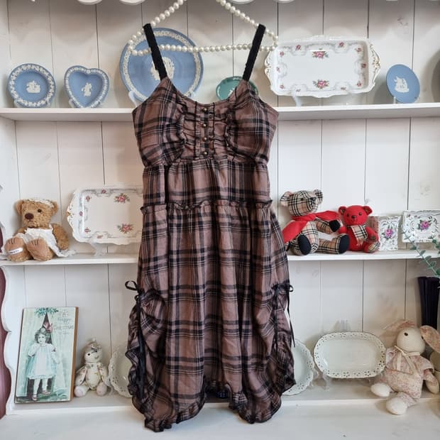 체크 뷔스티에 롱 원피스 브라운