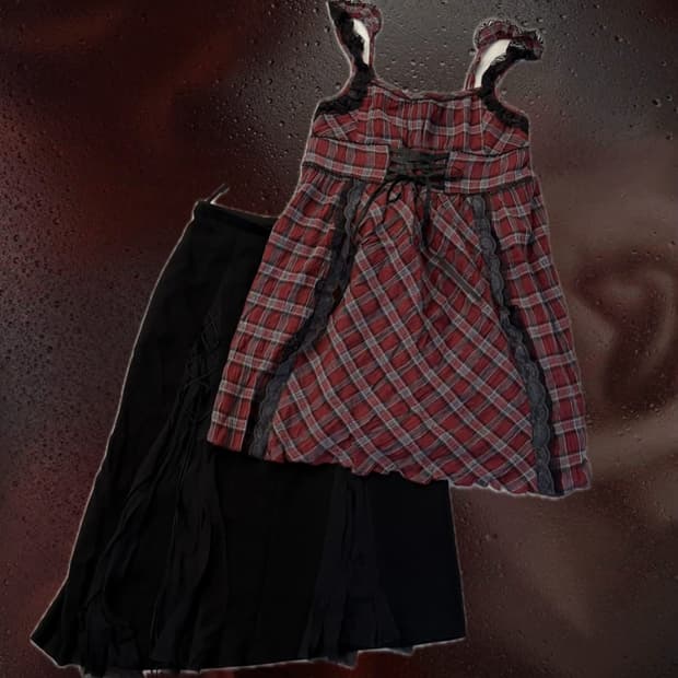 크루빈티지 고스 체크 원피스 + 블랙 스커트 