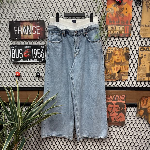 GAP 미드라이즈 데님 배기 팬츠 허리 밴딩 포인트 연청