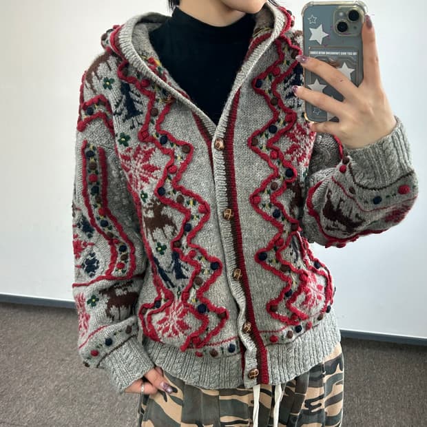 빈티지 울 노르딕 니트 후드가디건 
