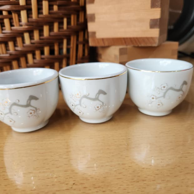 밀양도자기 벗꽃 그림 금테 도자기 술잔 3개
