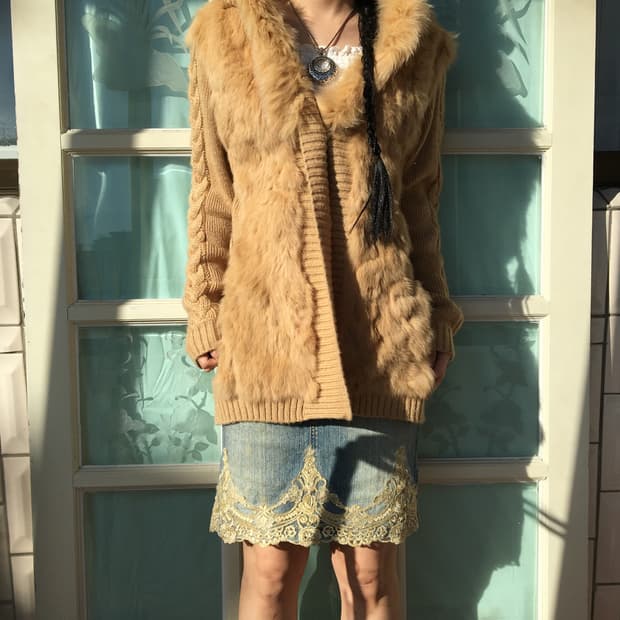 Fur trimming hood knit cardigan