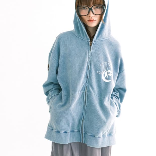 color washing waffle zip-up (sky blue)