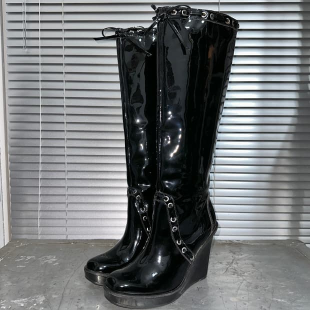 00s 빈티지 마이클 코어스 코셋 리본 웨지 롱 부츠