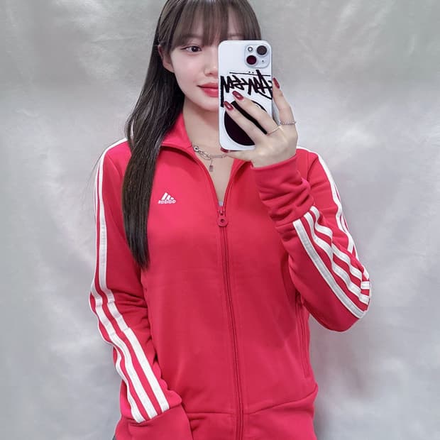 아디다스 딱붙핏 삼선 핑크 트랙탑 