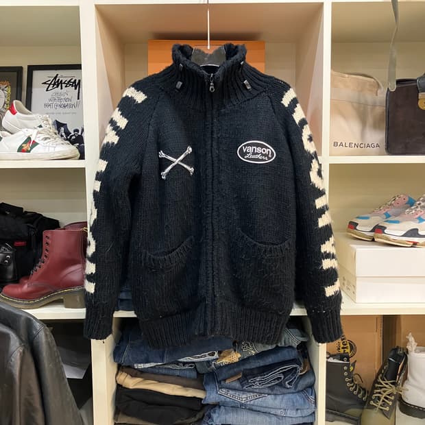 밴슨 레더 양털 니트 집업 M