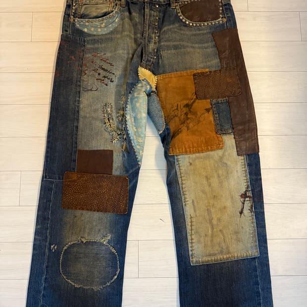 RRL leather patchwork denim rare 가죽데님