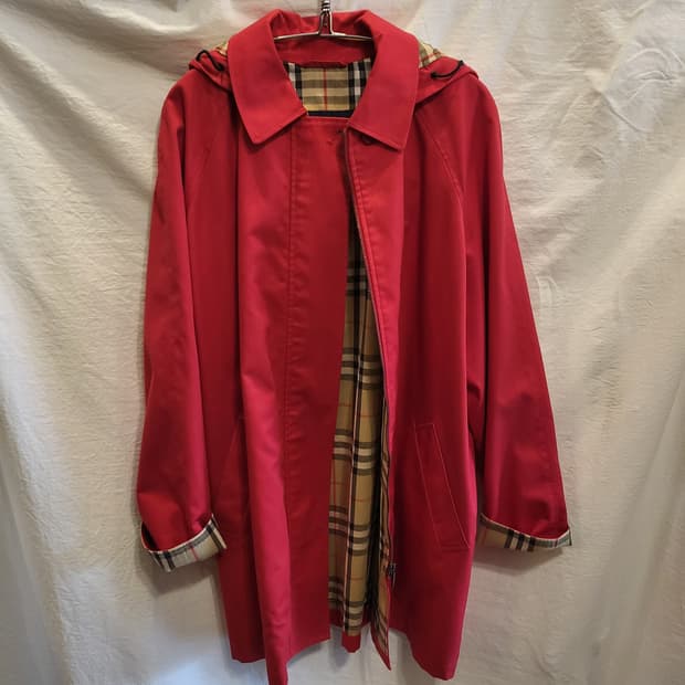 버버리 레드 노바 체크 후드 코트 트렌치 자켓