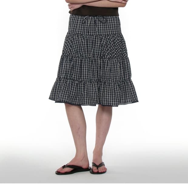 파르티멘토우먼- PWC 레이스 트림 티어드 미디 스커트_네이비 체크