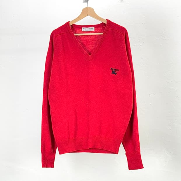버버리 90s 레드 울 브이넥 니트 스웨터