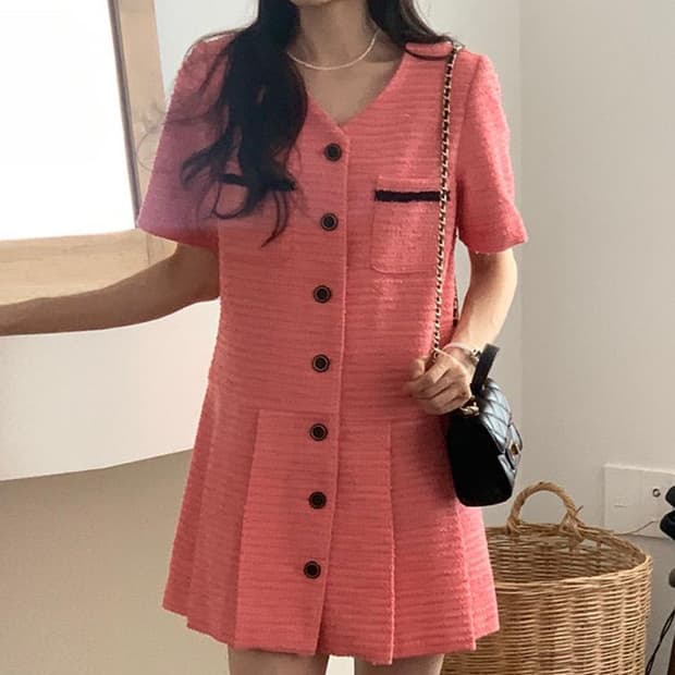 (시착만) 메리온 핫핑크 반팔 트위드 원피스