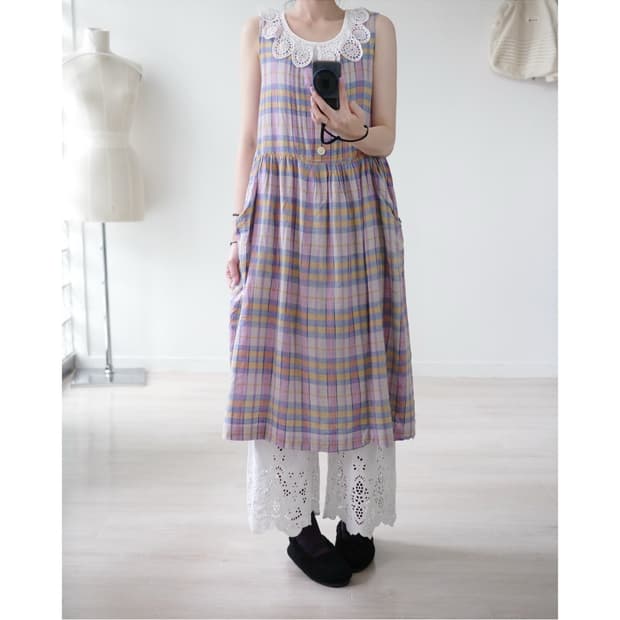 Pastel plaid lace-collar layered dress
